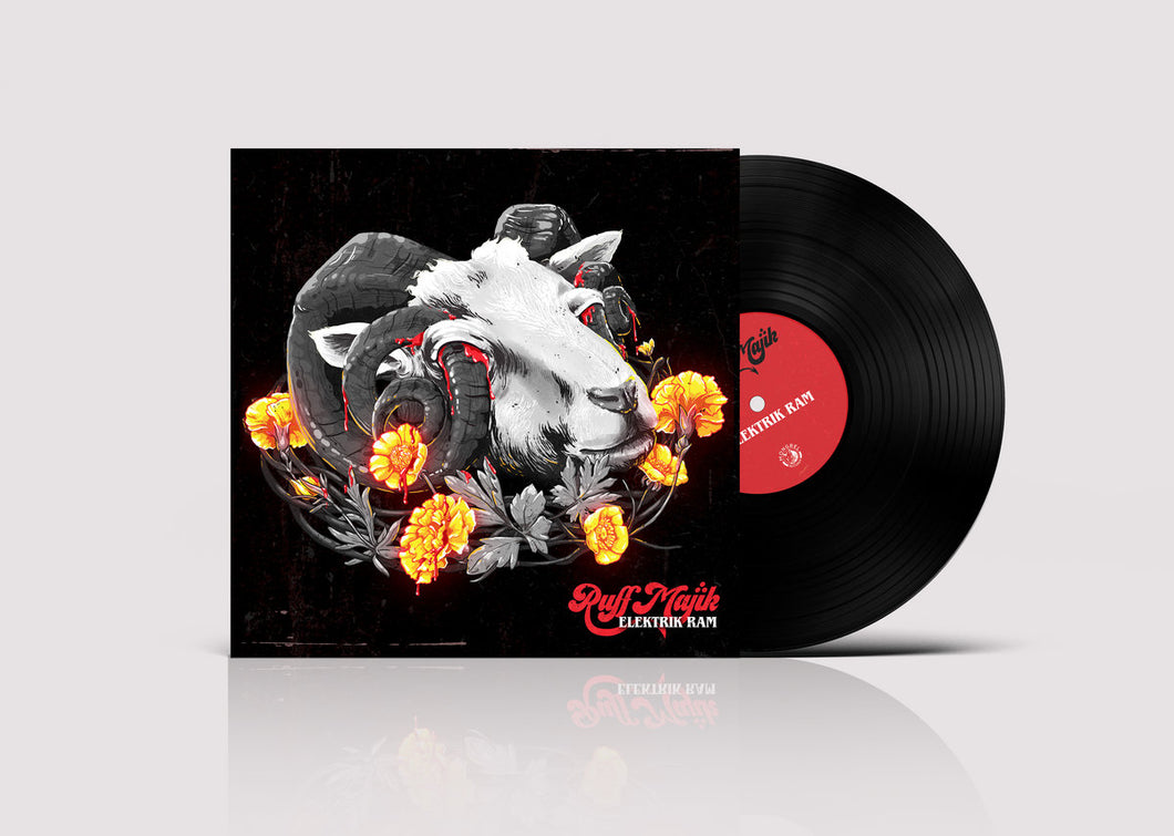Ruff Majik - Elektrik Ram vinyl record with a ram and floral design on the cover against a white background