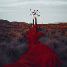 Cargar imagen en el visor de la galería, Person in a long red dress standing in a field with a barren tree-like headpiece.