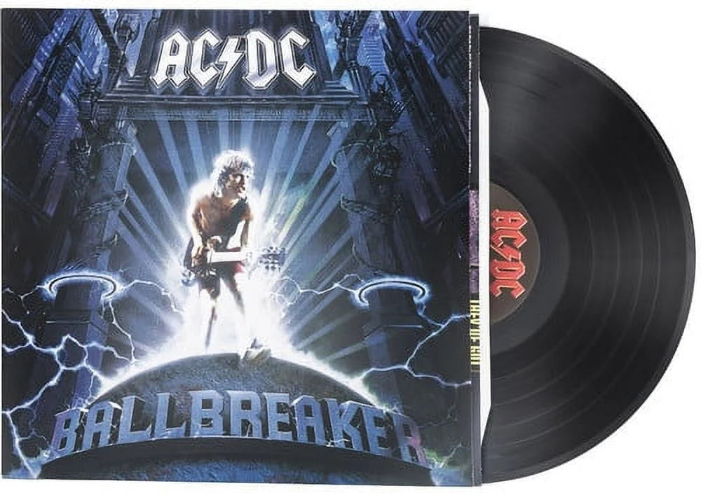 AC/DC - Ballbreaker vinyl record featuring a musician and lightning effects.