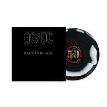 Cargar imagen en el visor de la galería, AC/DC 'Back in Black' vinyl record with black and white marbled design