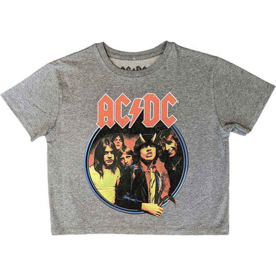 Gray crop top female t-shirt with AC/DC band graphic on a white background