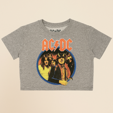 Gray t-shirt with AC/DC graphic design on a beige background