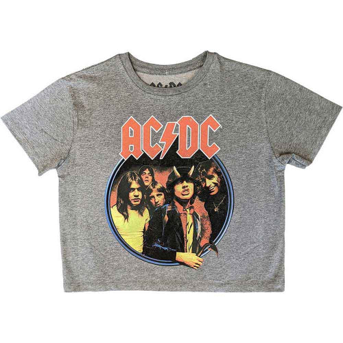 Gray crop top female t-shirt with AC/DC band graphic on a white background