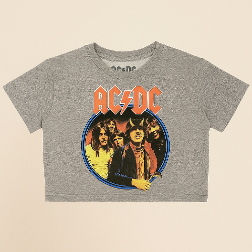 Gray t-shirt with AC/DC graphic design on a beige background