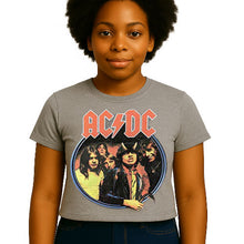 Load image into Gallery viewer, Teenager wearing a gray t-shirt with AC/DC graphic design on a white background