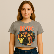 Cargar imagen en el visor de la galería, Person wearing a gray AC/DC t-shirt with band members&#39; image on a beige background