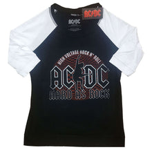 Load image into Gallery viewer, Black and white long-sleeve shirt with AC/DC logo and text on a white background