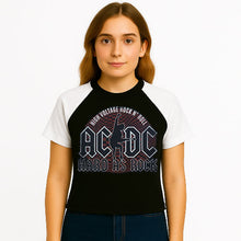 Load image into Gallery viewer, Person wearing a black and white AC/DC t-shirt with graphic design on a plain background