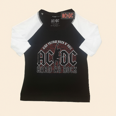 Black t-shirt with white sleeves featuring AC/DC logo and text on a beige background