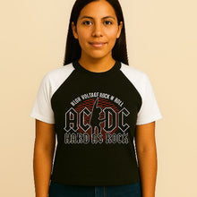 Charger l&#39;image dans la galerie, Person wearing a black and white AC/DC t-shirt with graphic design on a beige background