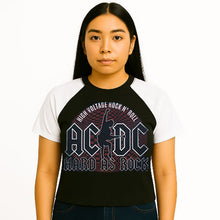 Load image into Gallery viewer, Person wearing a black and white AC/DC t-shirt with graphic design