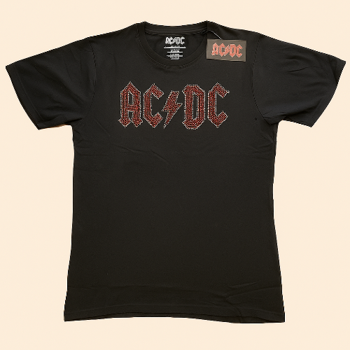 Black t-shirt with AC/DC logo on a beige background