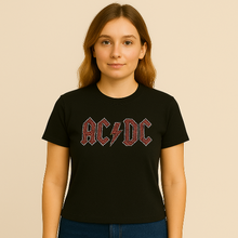 Charger l&#39;image dans la galerie, Person wearing a black t-shirt with AC/DC logo on a beige background