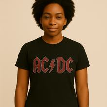 Charger l&#39;image dans la galerie, Person wearing a black t-shirt with AC/DC logo on a beige background