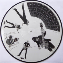 Load image into Gallery viewer, Picture disc vinyl with black and white illustrations of musicians and instruments on a white background