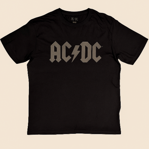 Black t-shirt with AC/DC logo on a beige background