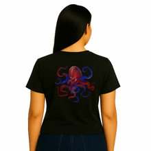 Load image into Gallery viewer, Person wearing a black t-shirt with a colorful octopus design on the back.