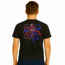 Load image into Gallery viewer, Person wearing a black t-shirt with a colorful octopus design on the back, standing against a white background.