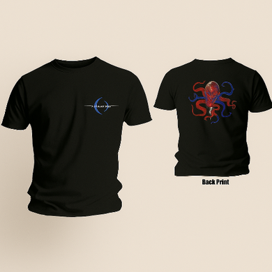 Black t-shirt with front and back prints on a beige background