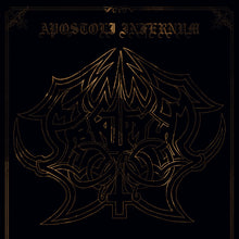 Load image into Gallery viewer, Black vinyl record with a gold line intricate design artwork. The text 'APOSTOLI INFERNIUM' is visible on the artwork.
