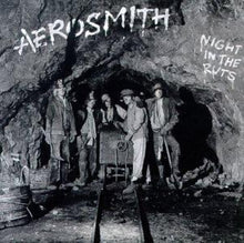 Load image into Gallery viewer, The image depicts the cover of the vinyl record 'Aerosmith - Night In The Ruts'. It shows the band members in a dark, underground setting with a train track and cave walls in the background.