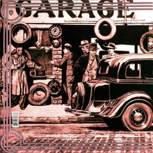Load image into Gallery viewer, Vintage-style illustration of a garage scene with people and an old car.
