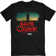 Load image into Gallery viewer, Black t-shirt with Alice Cooper graphic and &#39;Road&#39; text on a white background