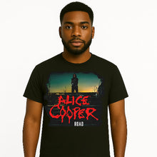 Load image into Gallery viewer, Person wearing a black t-shirt with Alice Cooper graphic design