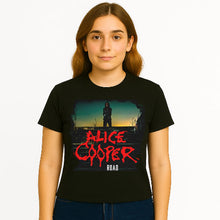 Load image into Gallery viewer, Person wearing a black t-shirt with Alice Cooper graphic design