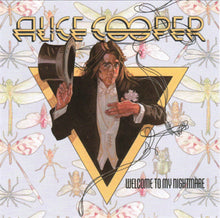 Charger l'image dans la galerie, Album cover for Alice Cooper's 'Welcome to My Nightmare' featuring an illustration of Alice Cooper in a suit and bow tie, with a background of white and yellow triangles and various colorful illustrations such as flowers and insects.