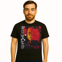 Load image into Gallery viewer, Man wearing a black t-shirt with &#39;Alice in Chains&#39; album design