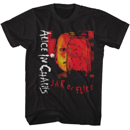 Black t-shirt with 'Alice in Chains' and 'Jar of Flies' graphic design on a white background