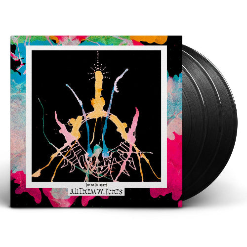 Vinyl record with colorful cover featuring abstract designs and text.