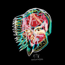 Load image into Gallery viewer, Colorful skeleton head design with feathers on a black background, featuring the text &#39;ATW Nothing as the Ideal&#39;.