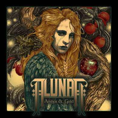 Album cover art featuring a stylized illustration of a person with long hair, holding an apple, with a gold and blue haze vinyl record visible.