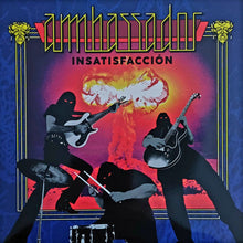 Cargar imagen en el visor de la galería, Album cover art for Ambassador's 'Insatisfacción' featuring a transparent orange vinyl, with a graphic design of musicians performing.