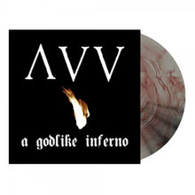 Load image into Gallery viewer, A vinyl record titled &#39;Ancient VVisdom - A Godlike Inferno&#39; with a marbled gray and red cover and the band&#39;s logo and album title printed on it.