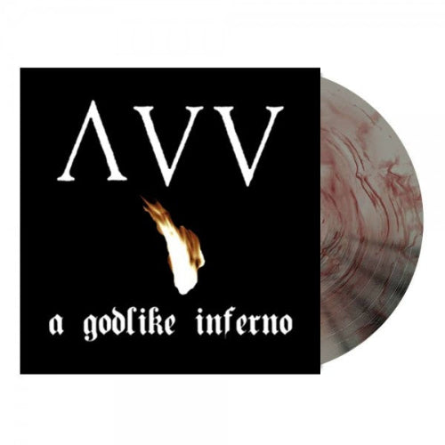 A vinyl record titled 'Ancient VVisdom - A Godlike Inferno' with a marbled gray and red cover and the band's logo and album title printed on it.