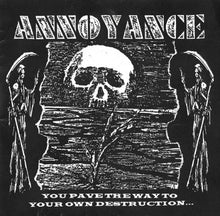 Load image into Gallery viewer, Black and white graphic with skeletons and a skull, featuring the word 'Annoyance' and text about destruction.