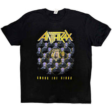 Load image into Gallery viewer, Black t-shirt with Anthrax band logo and text on a white background
