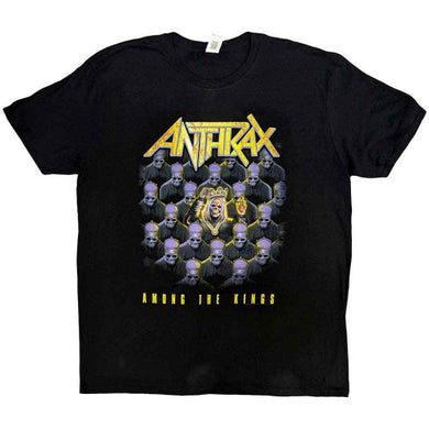 Black t-shirt with Anthrax band logo and text on a white background