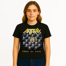 Load image into Gallery viewer, Person wearing a black t-shirt with Anthrax band logo and text