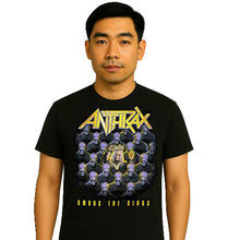 Load image into Gallery viewer, Man wearing a black t-shirt with Anthrax band graphic design on a white background