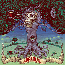 Charger l'image dans la galerie, Artistic depiction of a tree with a skull-like trunk and branches, set against a dark background with a 'APESKULL' banner.