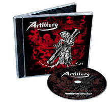 Charger l'image dans la galerie, CD case and disc for Artillery's album 'In The Trash' with a red and black cover design featuring an illustration of a character holding a sword.