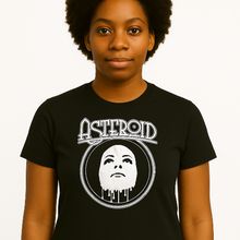 Load image into Gallery viewer, a woman wearing a black t shirt by the band Asteroid with a face logo on a white background