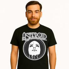 Load image into Gallery viewer, Man wearing a black t-shirt with &#39;Asteroid&#39; design on a white background