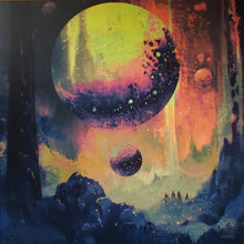 Load image into Gallery viewer, Colorful abstract painting with cosmic elements and figures on a mountain