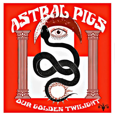 Album cover for 'Astral Pigs' with a snake and eye design on a red background