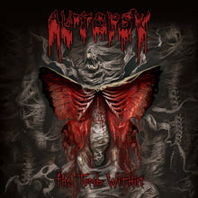 Load image into Gallery viewer, The image displays the cover art for the vinyl record &#39;Autopsy - The Tomb Within&#39;. It features a menacing and atmospheric design with a large, red, winged creature in a dark, smoke-filled background.